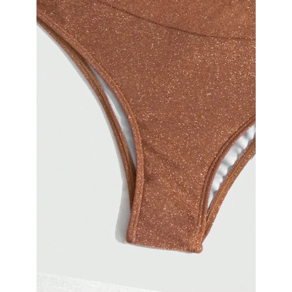 SweatyRocks Women's Rust Brown Solid V Neck High Waist Bikini Set Summer M